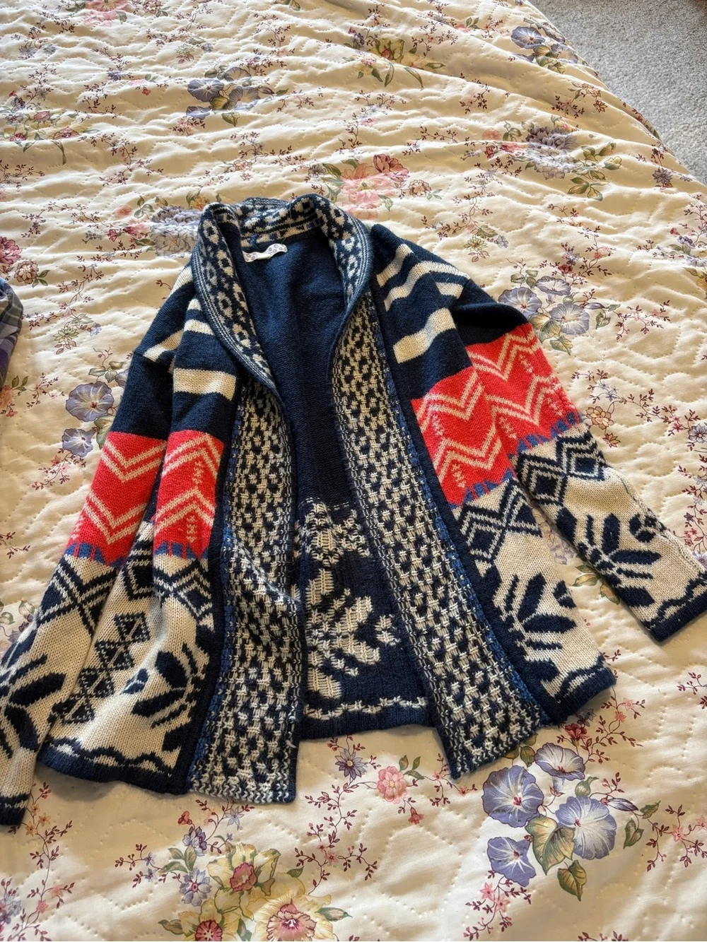 Pink Republic Navy, Cream & Red Patterned Open Cardigan